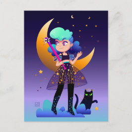 Mädchen mit blauem Haar und schwarzer Katze Postkarte
