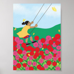 Mädchen mit Blume auf einer Schaukel Poster