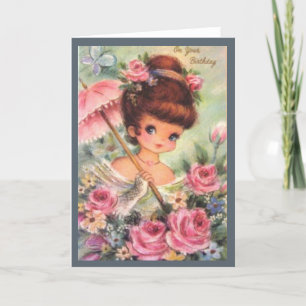 Mädchen mit Blumen zum Geburtstag im Vintage-Stil Feiertagskarte