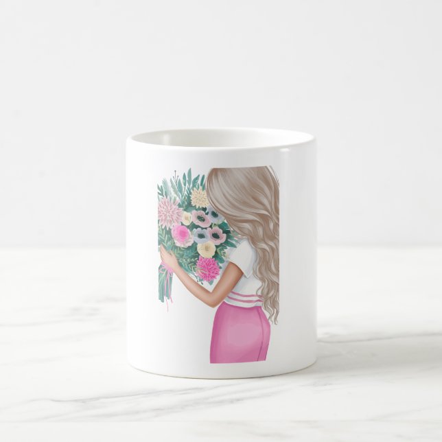 Mädchen mit Blumenstrauß Florale Ästhetik Klassisc Kaffeetasse (Mittel)