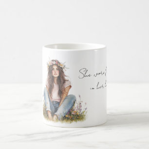 Mädchen mit braunem Haar Blumen im Haar Kaffeetasse
