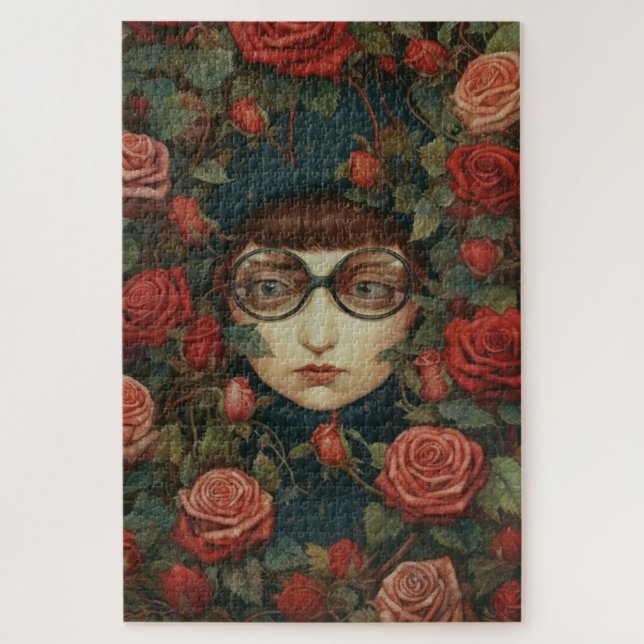 Mädchen mit Brille, umgeben von Rose Puzzle (Vertikal)