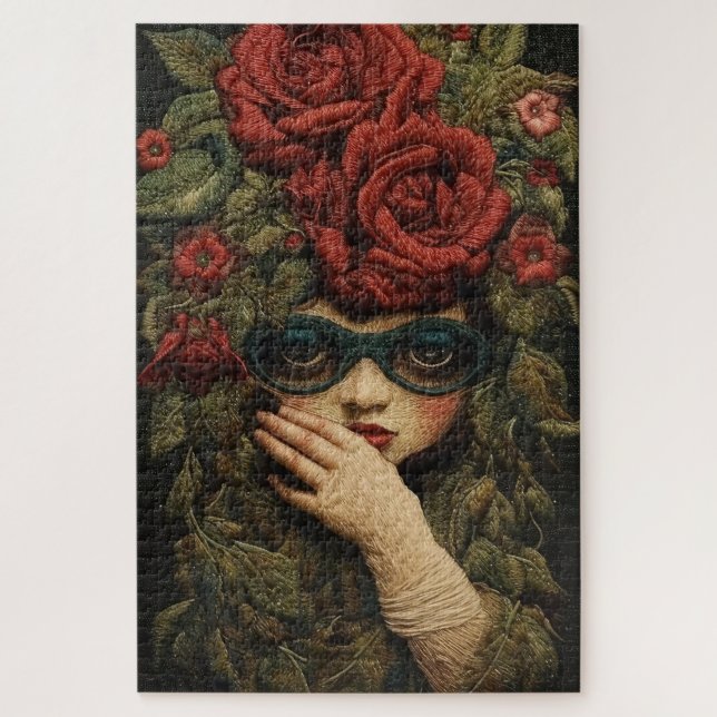 Mädchen mit Brille und bestickten Rose Puzzle (Vertikal)