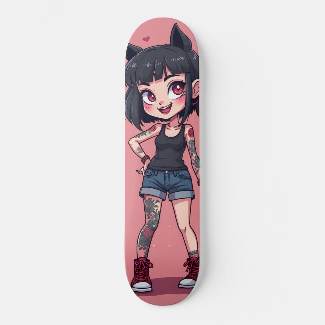 Mädchen mit Cartoon-Tattoos Skateboard (Vorderseite)