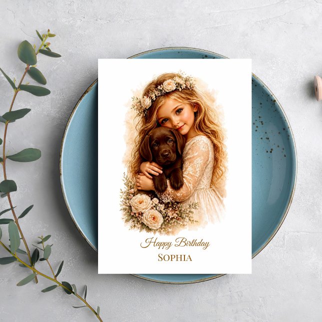 Mädchen mit Chocolate-Labrador-Welpe Karte (Von Creator hochgeladen)