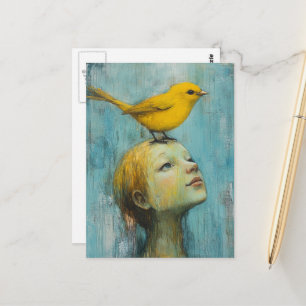 Mädchen mit dem gelben Vogel auf dem Kopf Postkarte