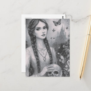 Mädchen mit dem Totenkopf Schwarz-Weiß-Fantasy Postkarte