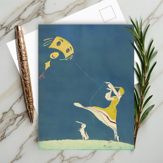 Mädchen mit Drachen und Hund (1917) Postkarte (Von Creator hochgeladen)