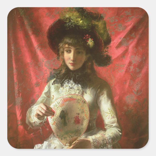 Mädchen mit einem Fan Quadratischer Aufkleber (Vorderseite)