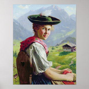 Mädchen mit einem Hut in der Bergwelt Poster