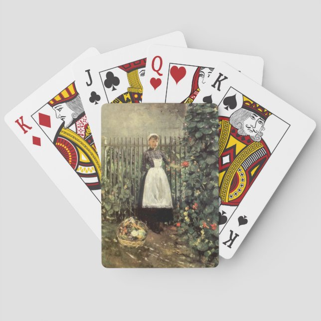 Mädchen mit einem Körbchen Gemüse im Garten Spielkarten (Rückseite)