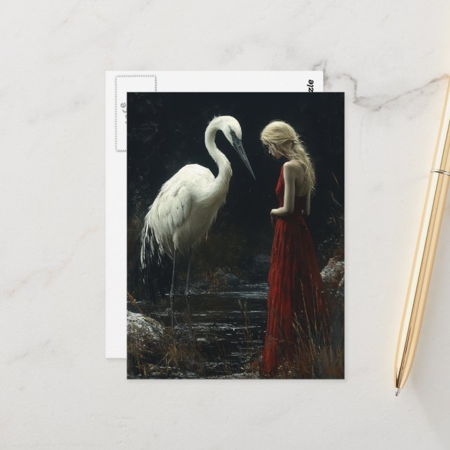 Mädchen mit einem riesigen weißen Vogel Postkarte (Vorderseite/Rückseite Beispiel)
