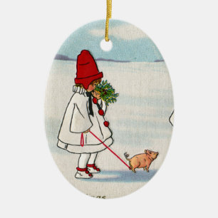 Mädchen mit einem Schwein auf einem Leine-Vintagen Keramikornament
