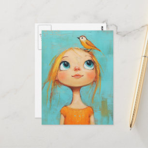 Mädchen mit einem Vogel auf dem Kopf Postkarte