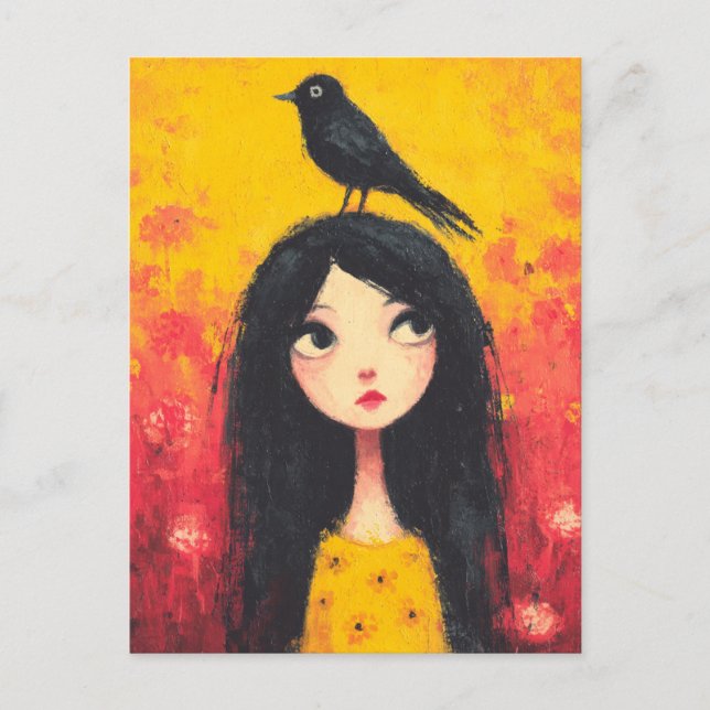 Mädchen mit einem Vogel auf ihrem Kopf Postkarte (Vorderseite)