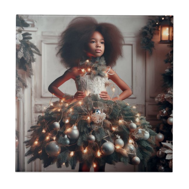 Mädchen mit einem Weihnachtsbaumkleid Fliese (Vorderseite)