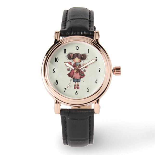 Mädchen mit einer Froschpuppe Niedlich Whimsical Armbanduhr (Vorderseite)
