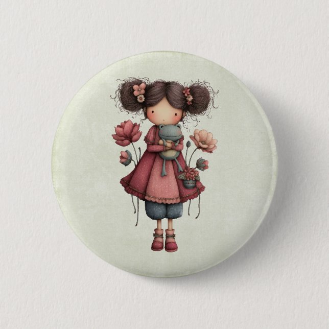 Mädchen mit einer Froschpuppe Niedlich Whimsical Button (Vorderseite)