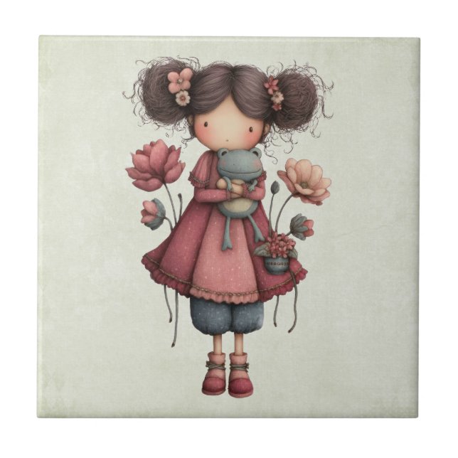 Mädchen mit einer Froschpuppe Niedlich Whimsical Fliese (Vorderseite)