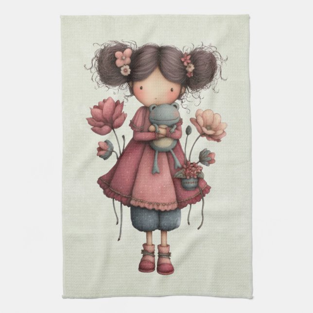 Mädchen mit einer Froschpuppe Niedlich Whimsical Geschirrtuch (Vertikal)