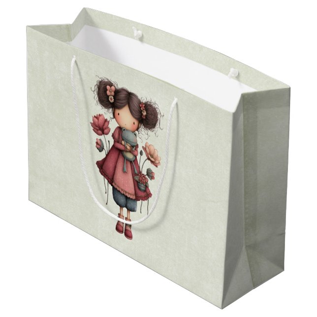 Mädchen mit einer Froschpuppe Niedlich Whimsical Große Geschenktüte (Rückseite Schrägansicht)