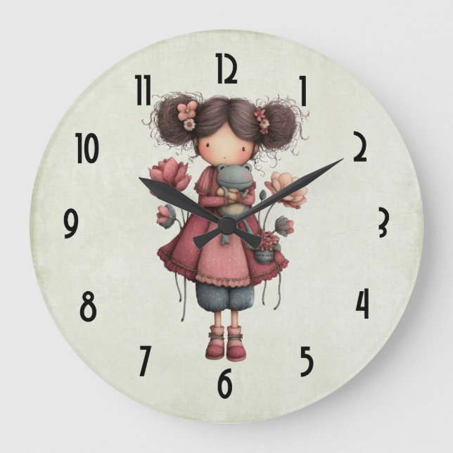 Mädchen mit einer Froschpuppe Niedlich Whimsical Große Wanduhr (Vorderseite)