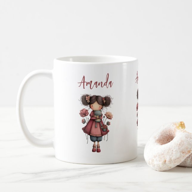 Mädchen mit einer Froschpuppe Niedlich Whimsical Kaffeetasse (Mit Donut)