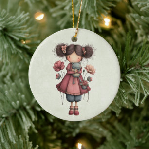 Mädchen mit einer Froschpuppe Niedlich Whimsical Keramik Ornament