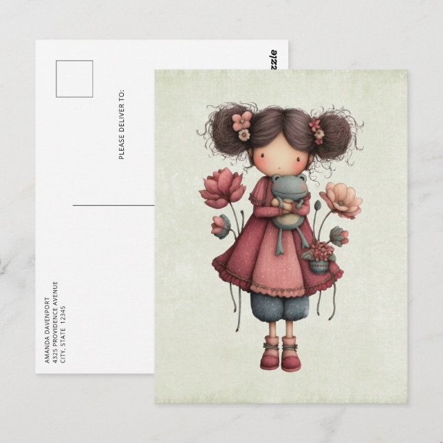 Mädchen mit einer Froschpuppe Niedlich Whimsical Postkarte (Vorne/Hinten)