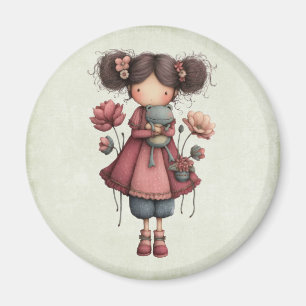 Mädchen mit einer Froschpuppe Süß und Whimsical Magnet