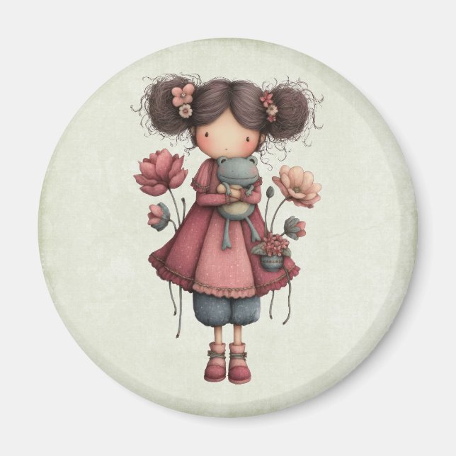 Mädchen mit einer Froschpuppe Süß und Whimsical Magnet (Vorne)
