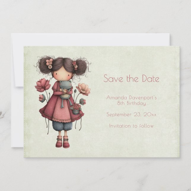 Mädchen mit einer Froschpuppe Süße, verspielte Geb Save The Date (Vorderseite)