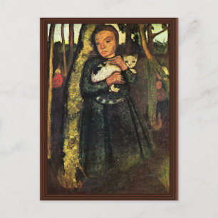 Mädchen mit einer Katze im Birkenwald von Modersoh Postkarte