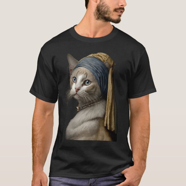 Mädchen mit einer Perlenohrring-Katze T-Shirt (Vorderseite)