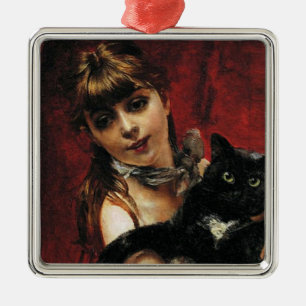 Mädchen mit einer schwarzen Katze in ihren Armen Ornament Aus Metall