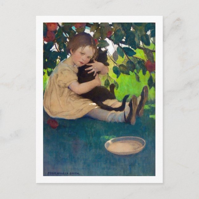 Mädchen mit einer Schwarzen Katze, Jessie Willcox  Postkarte (Vorderseite)