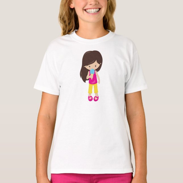 Mädchen mit Eiscreme, Braunhaar, Niedliches Mädche T-Shirt (Vorderseite)