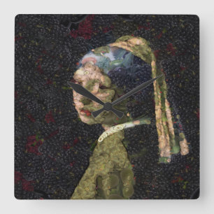 Mädchen mit Erdbeer-Ohrring Fine Art Spoof Quadratische Wanduhr