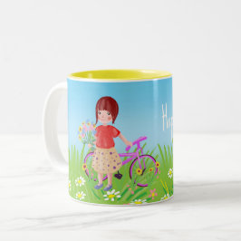 Mädchen mit Fahrrad auf einer blühenden Wiese Zweifarbige Tasse