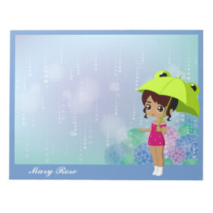 Mädchen mit Frosch Umbrella & Hydrangea Blume Blau Notizblock