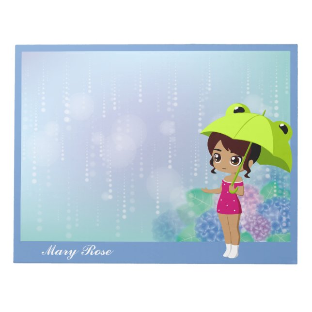 Mädchen mit Frosch Umbrella & Hydrangea Blume Blau Notizblock (Vorderseite)