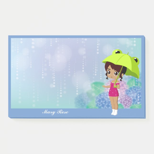 Mädchen mit Frosch Umbrella & Hydrangea Blume Blau Post-it Klebezettel (Vorderseite)