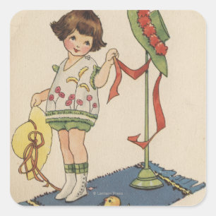 Mädchen mit gelbem Hut und Küken Quadratischer Aufkleber