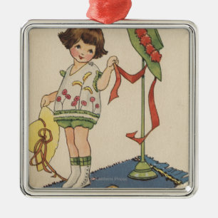 Mädchen mit gelbem Hut und Küken Silbernes Ornament