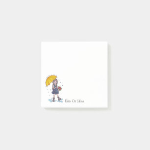 Mädchen mit gelbem Regenschirm in Wasserfarbe Post-it Klebezettel