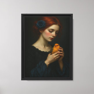 Mädchen mit gelbem Vogel Romantisches Porträt Leinwanddruck