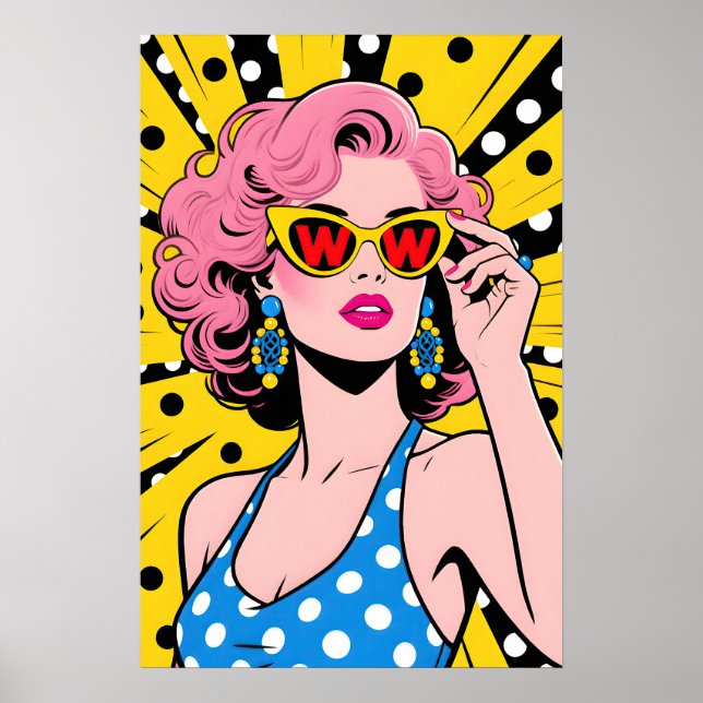 Mädchen mit gelber Sonnenbrille Pop Art Poster (Vorne)