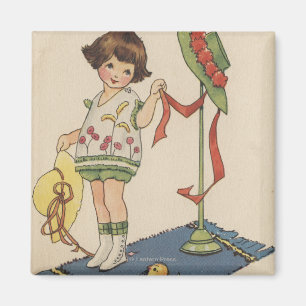 Mädchen mit Gelbhut und Küken Magnet