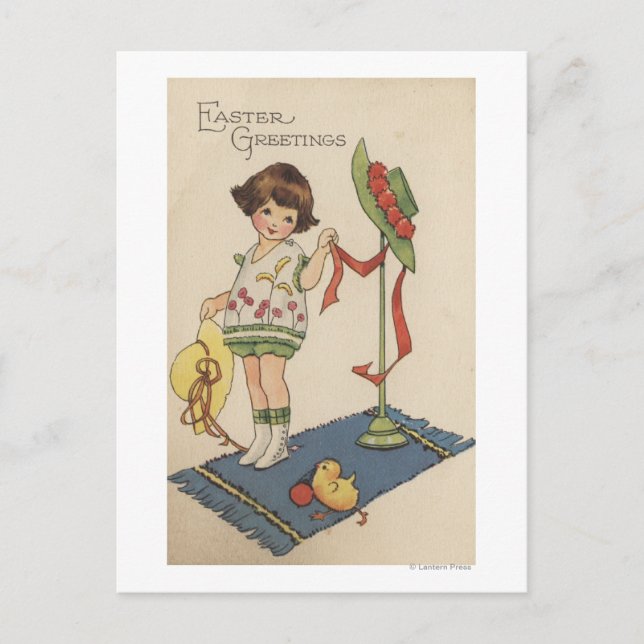 Mädchen mit Gelbhut und Küken Postkarte (Vorderseite)