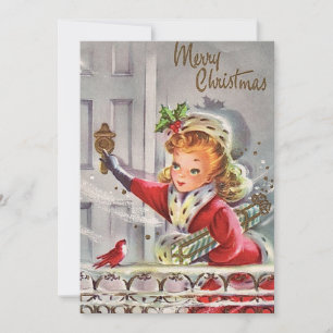 Mädchen mit Geschenken an der Tür im Vintage-Weihn Feiertagskarte